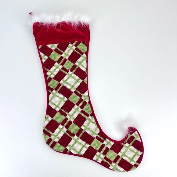 Needlepoint Christmas Stocking Red Green And White Check - Picture 1 of 7